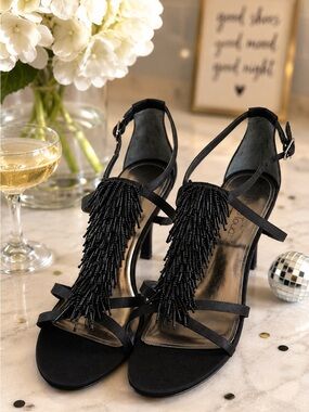 The Touch of Nina Black Beaded Fringe Dress Sandals Heels Size 9M
